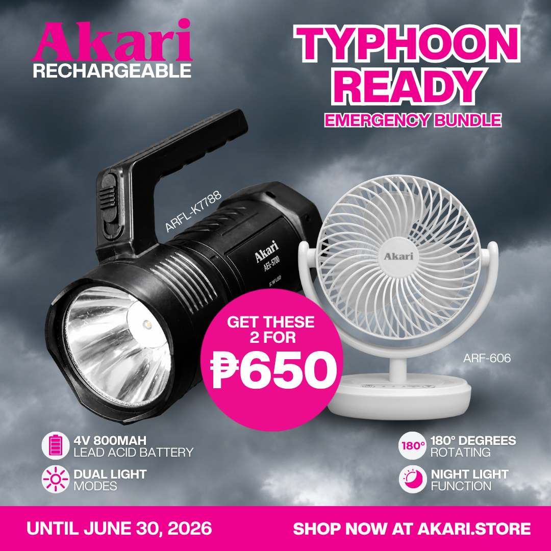 TYPHOON READY EMERGENCY BUNDLE_Akari Rechargeable Flashlight with Side Lantern (ARFL-K7788)+Akari 6" Rechargeable Desk fan w/ Night Light Function (ARF-606)