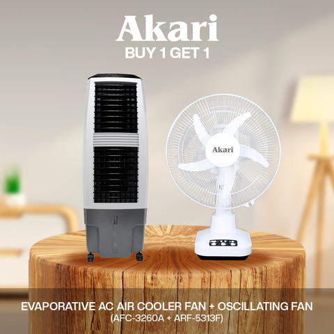 Akari Evaporative AC Air Cooler Fan (AFC-3260A) + Akari 12" 20W Rechargeable Oscillating Fan (ARF-5313F)