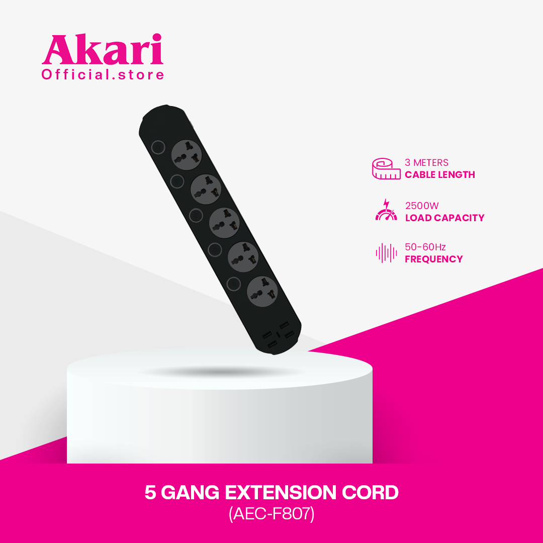 Akari 5 Gang Extension Cord with Surge Protection and Overload protection with Individual Switch (AEC-F807)