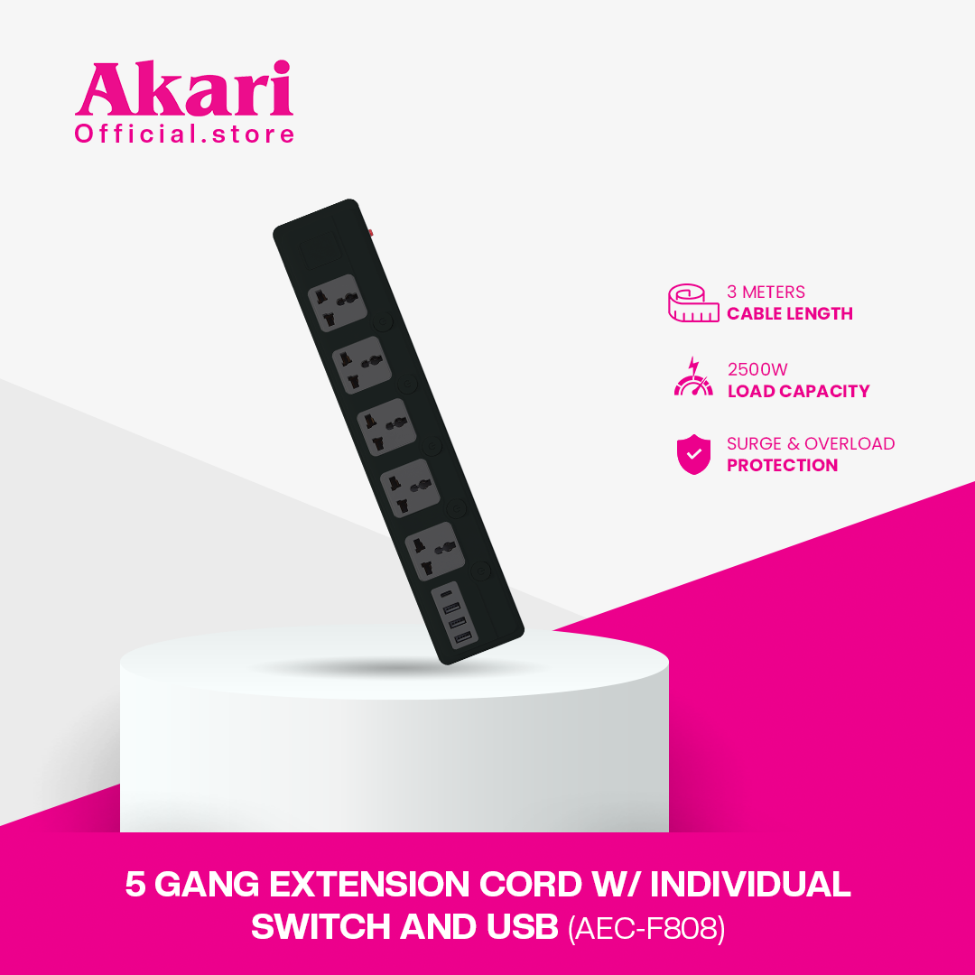 Akari 5 Gang Extension Cord with Individual Switch and USB (AEC-F808)