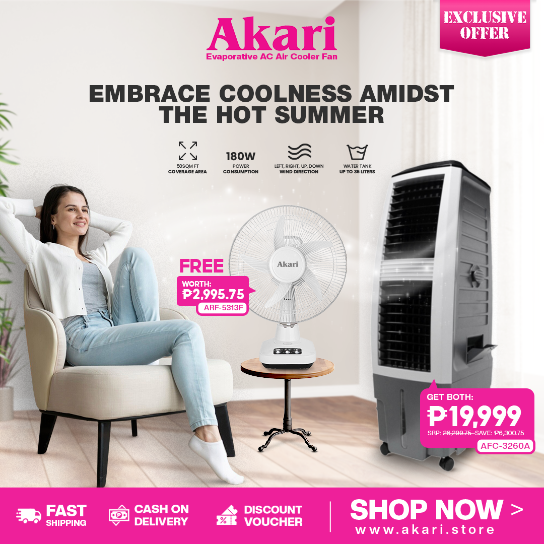 Akari Evaporative AC Air Cooler Fan (AFC-3260A) + Akari 12" 20W Rechargeable Oscillating Fan (ARF-5313F)
