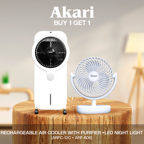 Akari Rechargeable Air Cooler with Purifier and LED Night Light (ARFC-12C) + Akari 6” Rechargeable LED Deskfan with Night Light Function (ARF-606W)