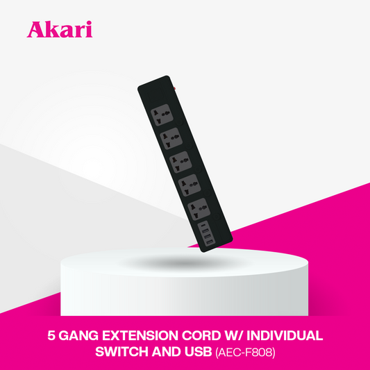 Akari 5 Gang Extension Cord with Individual Switch and USB (AEC-F808)