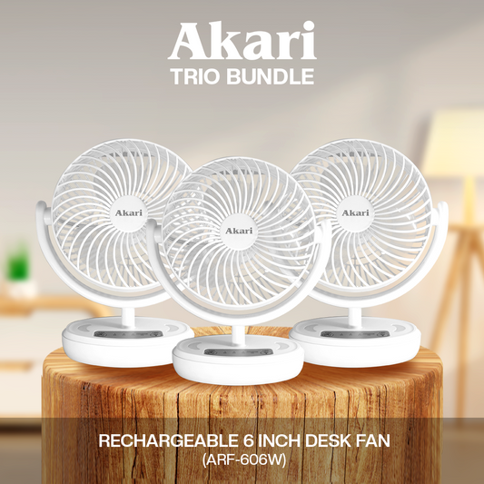 Akari TRIO BUNDLE: 6” Rechargeable Desk fan with LED Night Light (ARF-606)