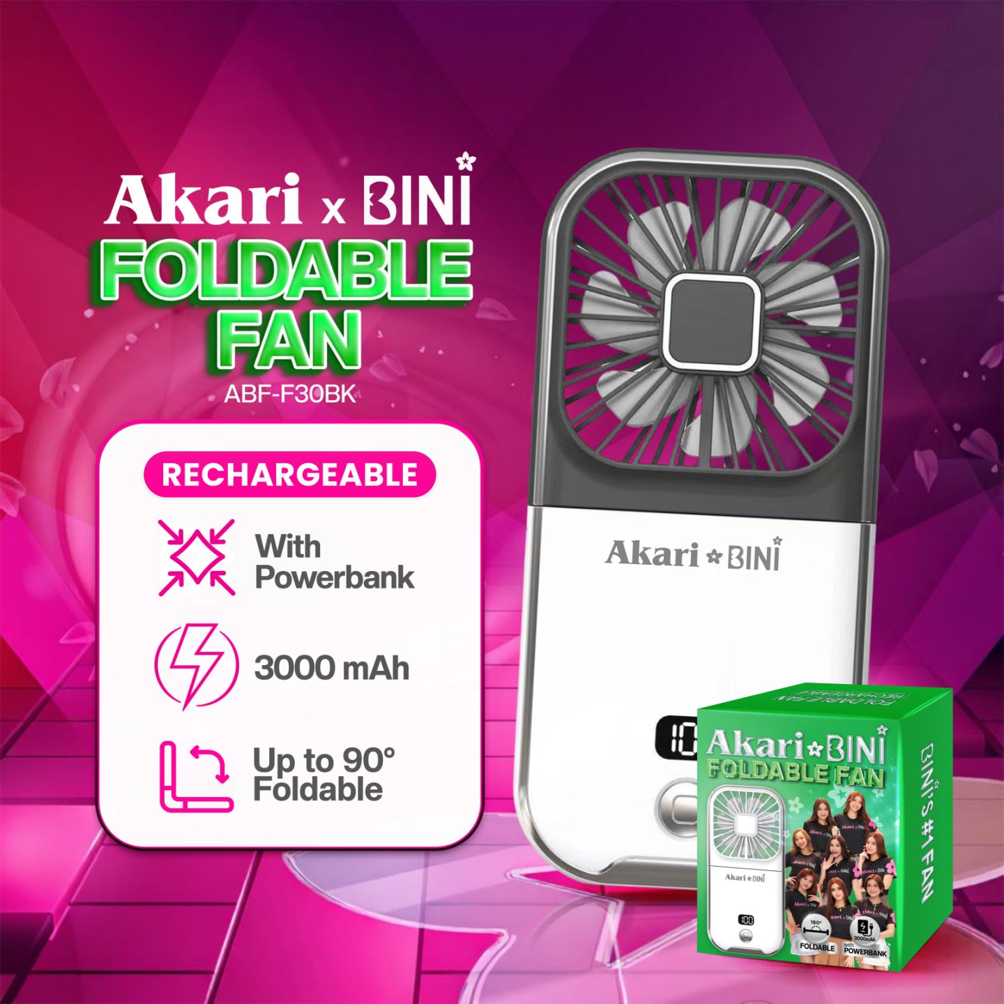 AkarixBini : Akari Rechargeable Foldable Fan (ABF-F30BK) Black with free LED USB Charger (ASK-001W)