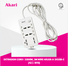 Akari Extension Cord I 2500W, 3M Wire 4xUSB-A, 2xUSB-C (AEC-W18)