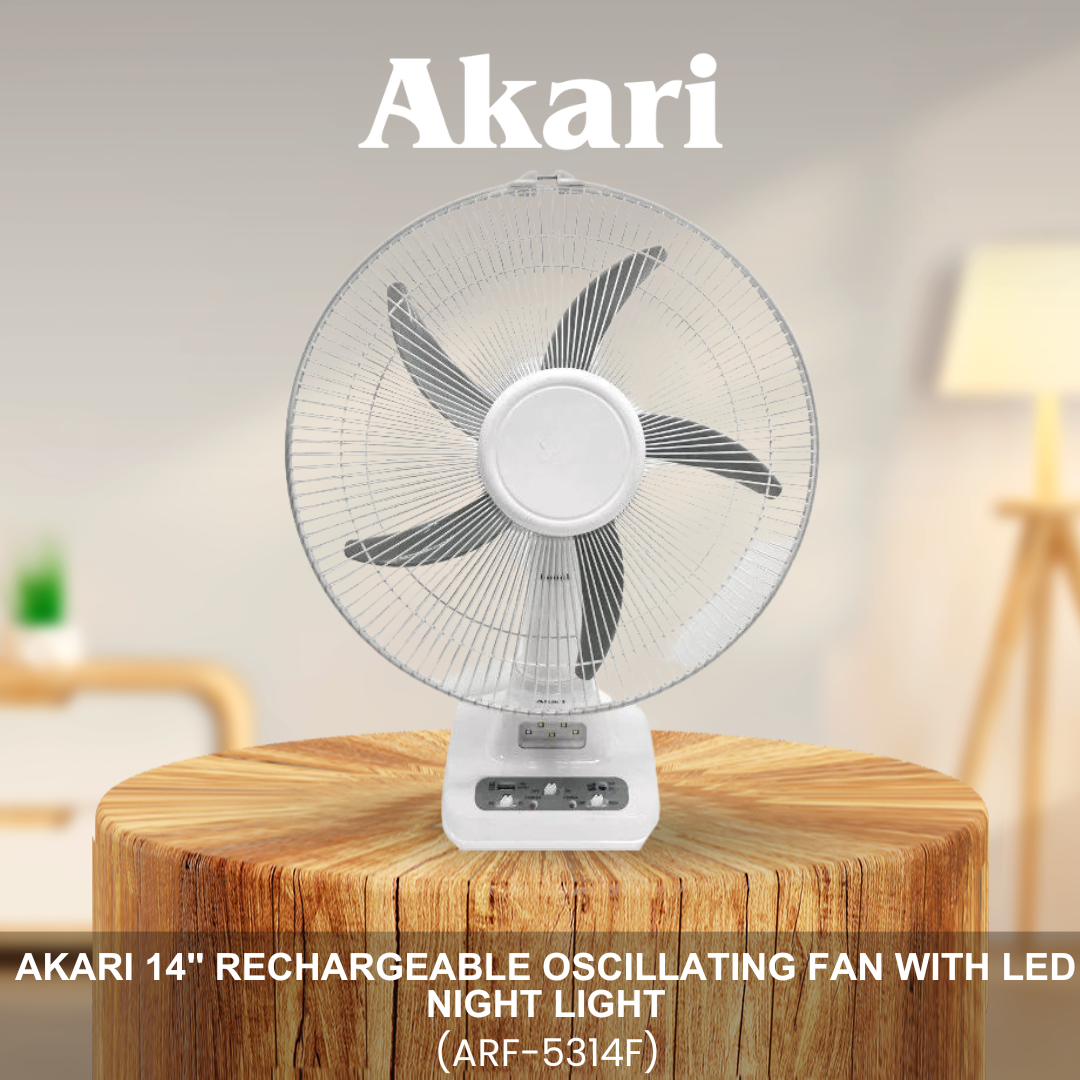 Akari 14" Rechargeable Oscillating Fan with LED Night Light (ARF-5314F)