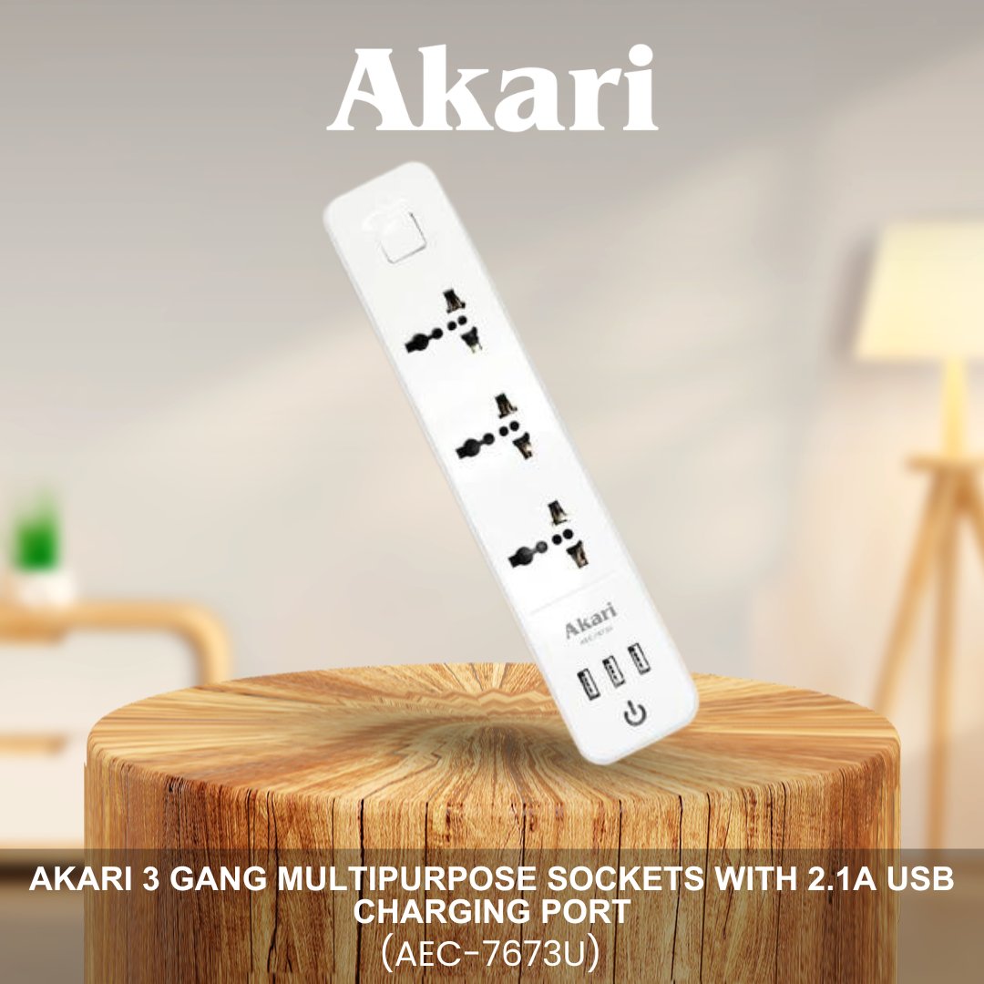 Akari 3 Gang Multipurpose Sockets with 2.1A USB Charging Port (AEC-7673U)