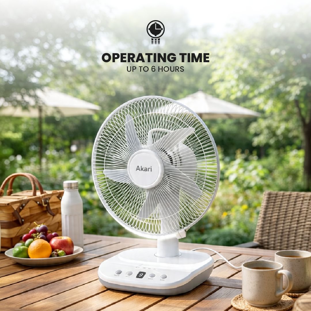 Akari 12-inch Rechargeable Oscillating Fan (ARF-5313F) NEW VERSION + Akari Solar Panel 5W (ASP-9V5W)