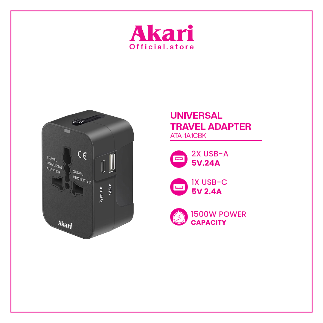 Akari Universal Travel Adapter with 1USB A + 1Type C (ATA-1A1CBK)