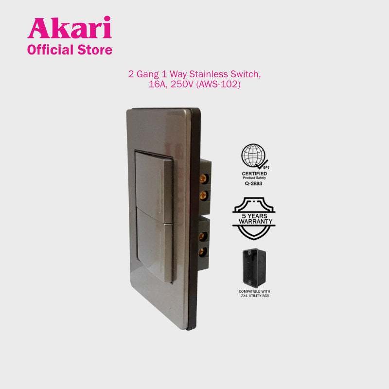 Akari 2 Gang 1 Way Steel Switch (AWS-102)