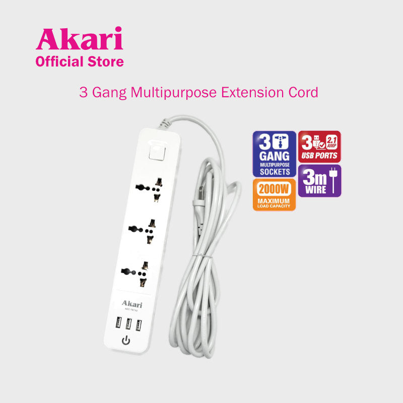 Akari 3 Gang Multipurpose Sockets with 2.1A USB Charging Port (AEC-7673U)
