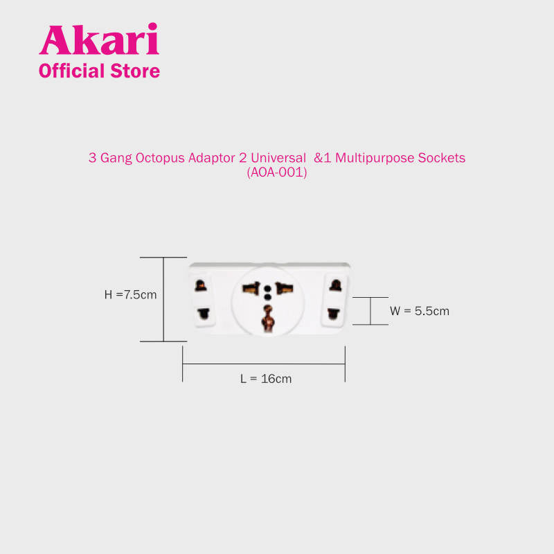 Akari 3 Gang Octopus Adaptor 2 Universal &1 Multipurpose Sockets (AOA-001)