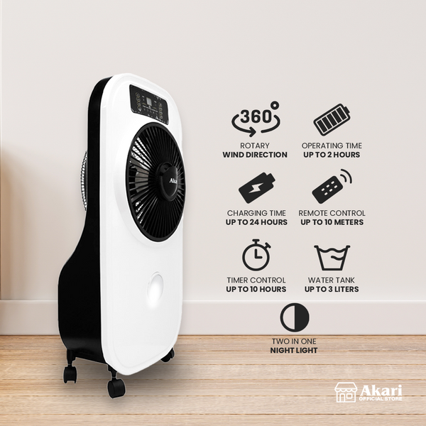 Akari 12" Rechargeable Mist Fan with Fragrance (ARMF-12F) + Akari 8" Rechargeable Square Fan with LED  (ARF-8018)