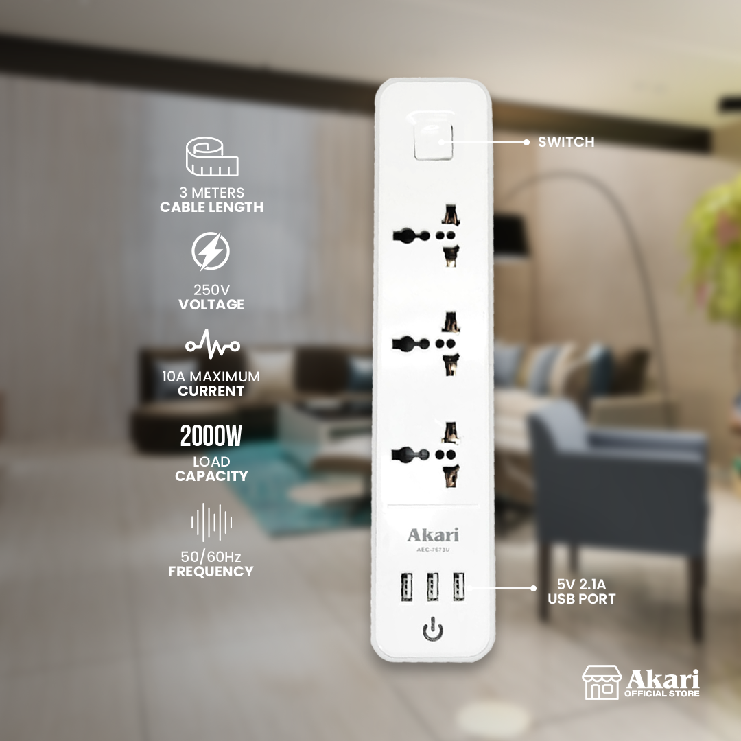 Akari 3 Gang Multipurpose Sockets with 2.1A USB Charging Port (AEC-7673U)