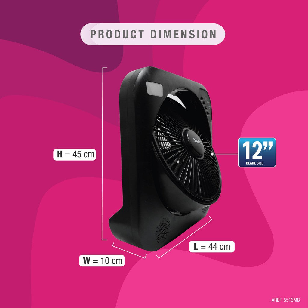 Akari 12" Rechargeable Box Fan with BT Speaker & LED Light (ARBF-5513MB)