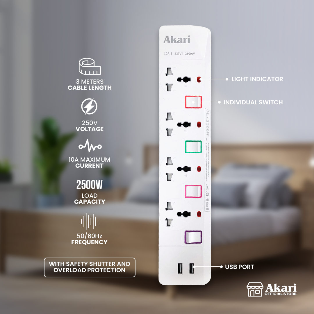 Akari 4 Gang USB Extension Cord (AEC-H2204)