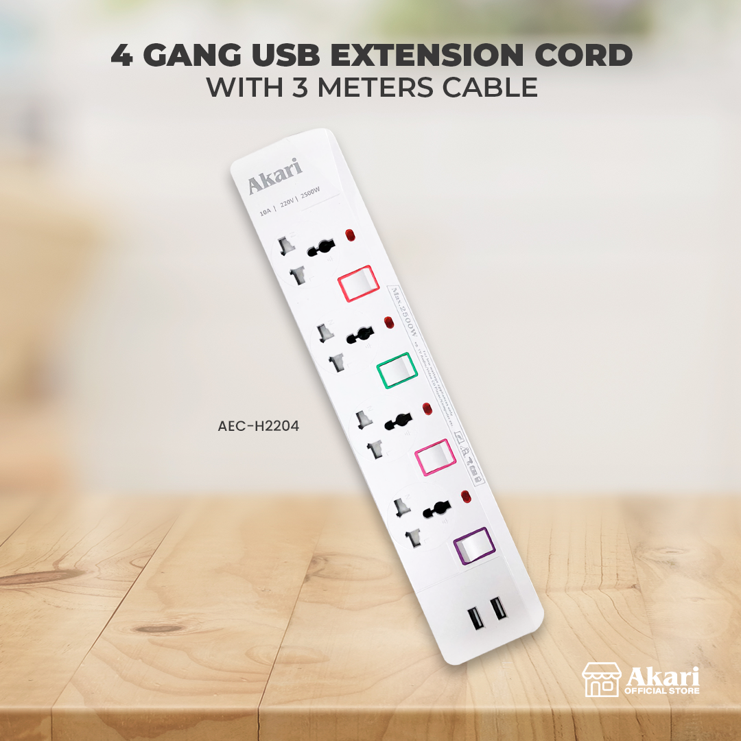 Akari 4 Gang USB Extension Cord (AEC-H2204)