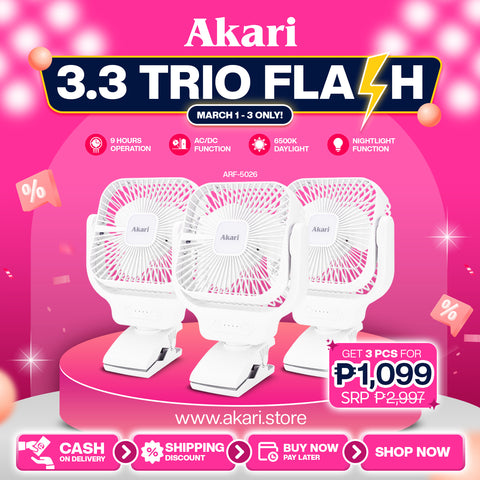 Akari TRIO BUNDLE : Akari 6" Rechargeable Clip Fan with Led Night Light (ARF-5026)