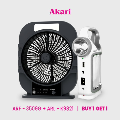 Akari B1G1 : 8" Rechargeable DeskFan (ARF-3509) + Lantern w/ Searchlight (ARL-K9821)