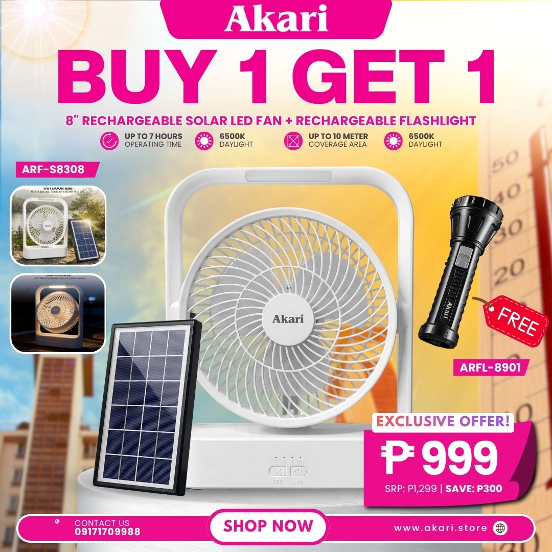 Akari 8" Solar LED Rechargeable Fan (ARF-S8308) + LED Rechargeable Flashlight (ARFL-8901)
