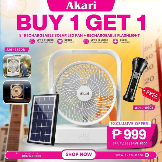 Akari 8" Solar LED Rechargeable Fan (ARF-S8308) + LED Rechargeable Flashlight (ARFL-8901)