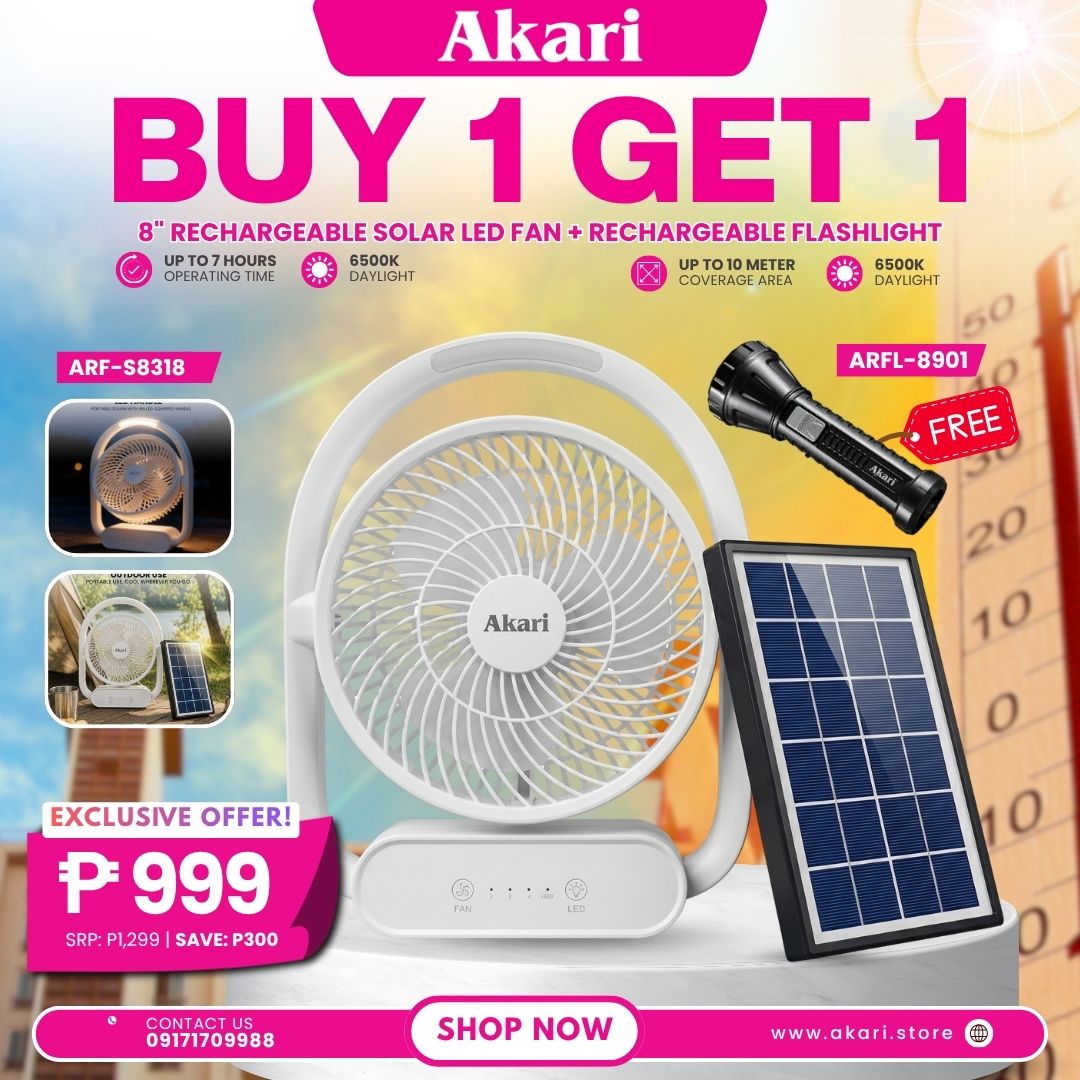 Akari 8" Solar LED Rechargeable Fan (ARF-S8318) + LED Rechargeable Flashlight (ARFL-8901)