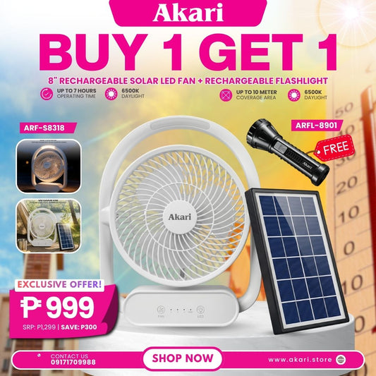 Akari 8" Solar LED Rechargeable Fan (ARF-S8318) + LED Rechargeable Flashlight (ARFL-8901)