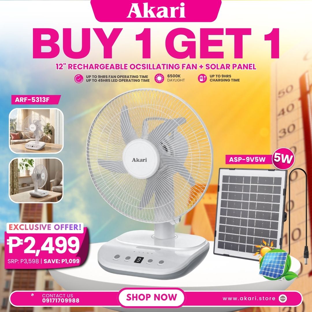 Akari 12-inch Rechargeable Oscillating Fan (ARF-5313F) NEW VERSION + Akari Solar Panel 5W (ASP-9V5W)