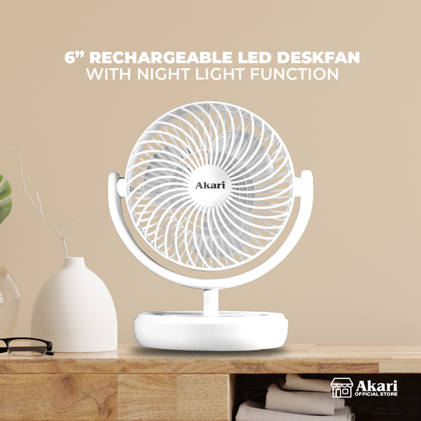 Akari TRIO BUNDLE: 6” Rechargeable Desk fan with LED Night Light (ARF-606)