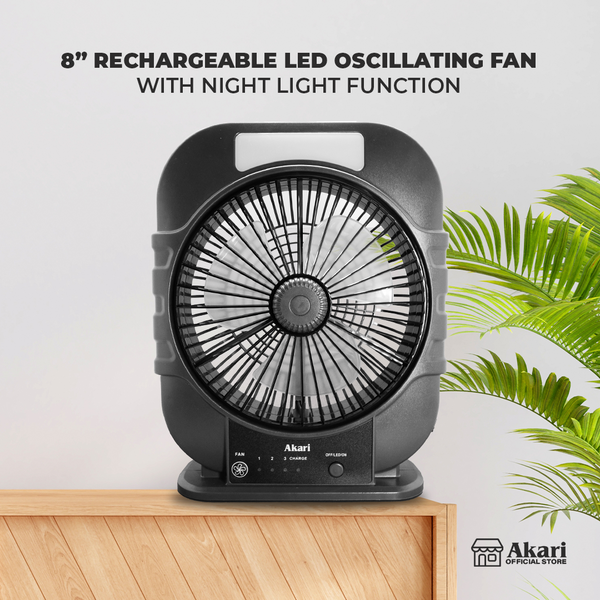 Akari B1T1 : 8” Rechargeable Oscillating Fan W/ LED