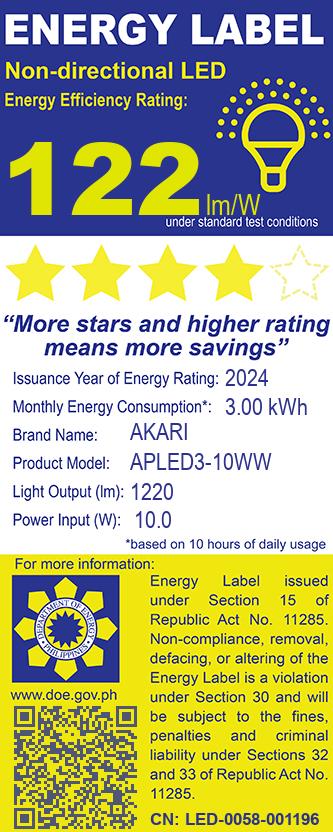 Akari LED Bulb 10 Watts - Warm White (APLED3-10WW)