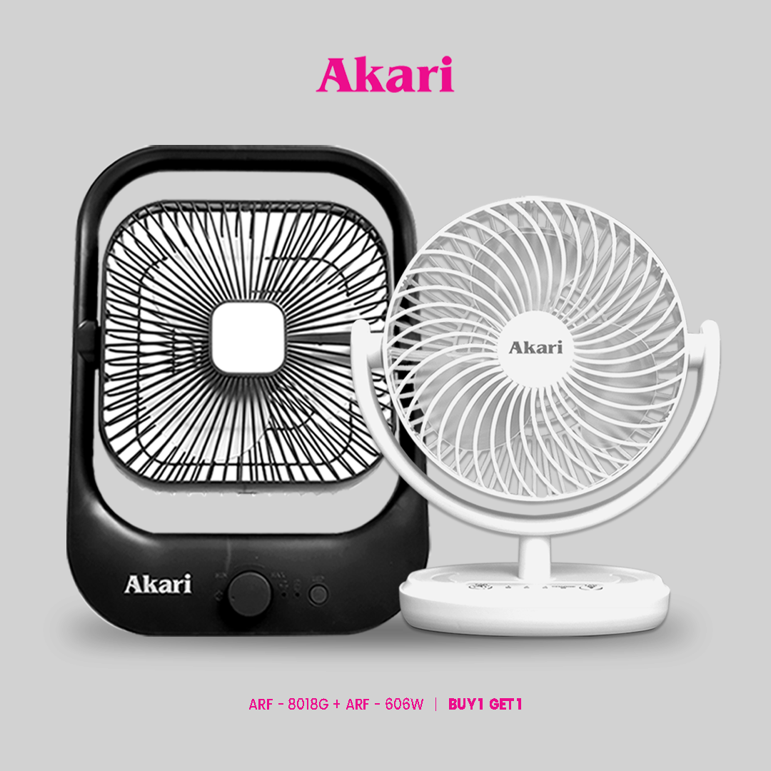 Akari B1G1: 8" Rechargeable Square Fan  + Akari 6” Rechargeable LED Desk fan