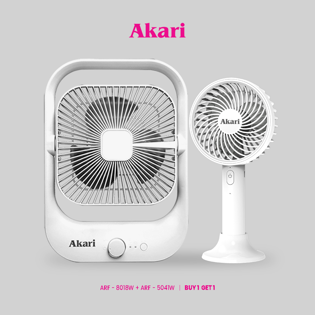 Akari 8" Rechargeable Square Fan with LED  (ARF-8018) + Akari 4" Rechargeable Handy Fan ARF-5041