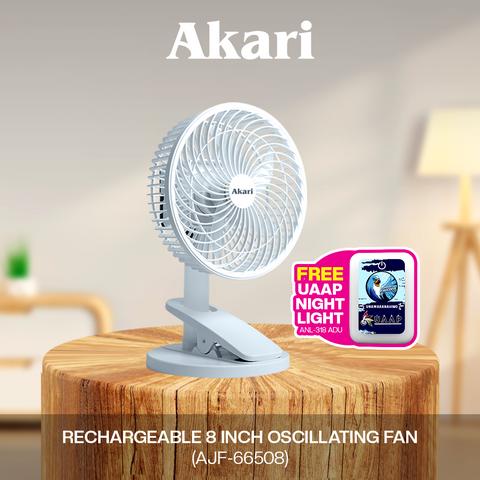 Akari 8" Rechargeable Oscillating Clip Fan ( AJF-66508 ) W/FREE ANY UAAP NIGHT LIGHT