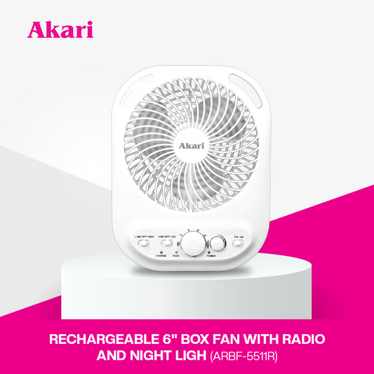 Akari 6" Rechargeable Box Fan with Radio and Night Light (ARBF-5511R)