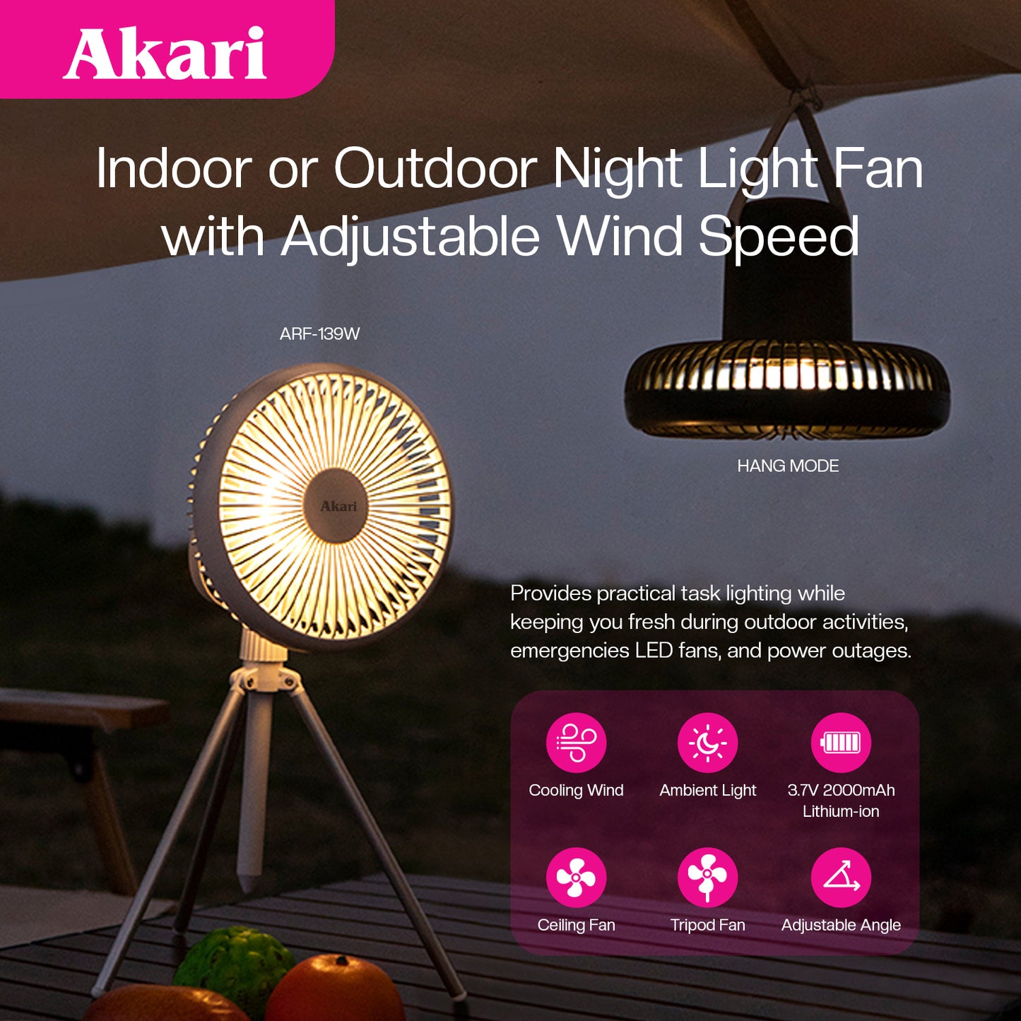Akari Rechargeable Tripod Fan (ARF-139) + Free Flaslight