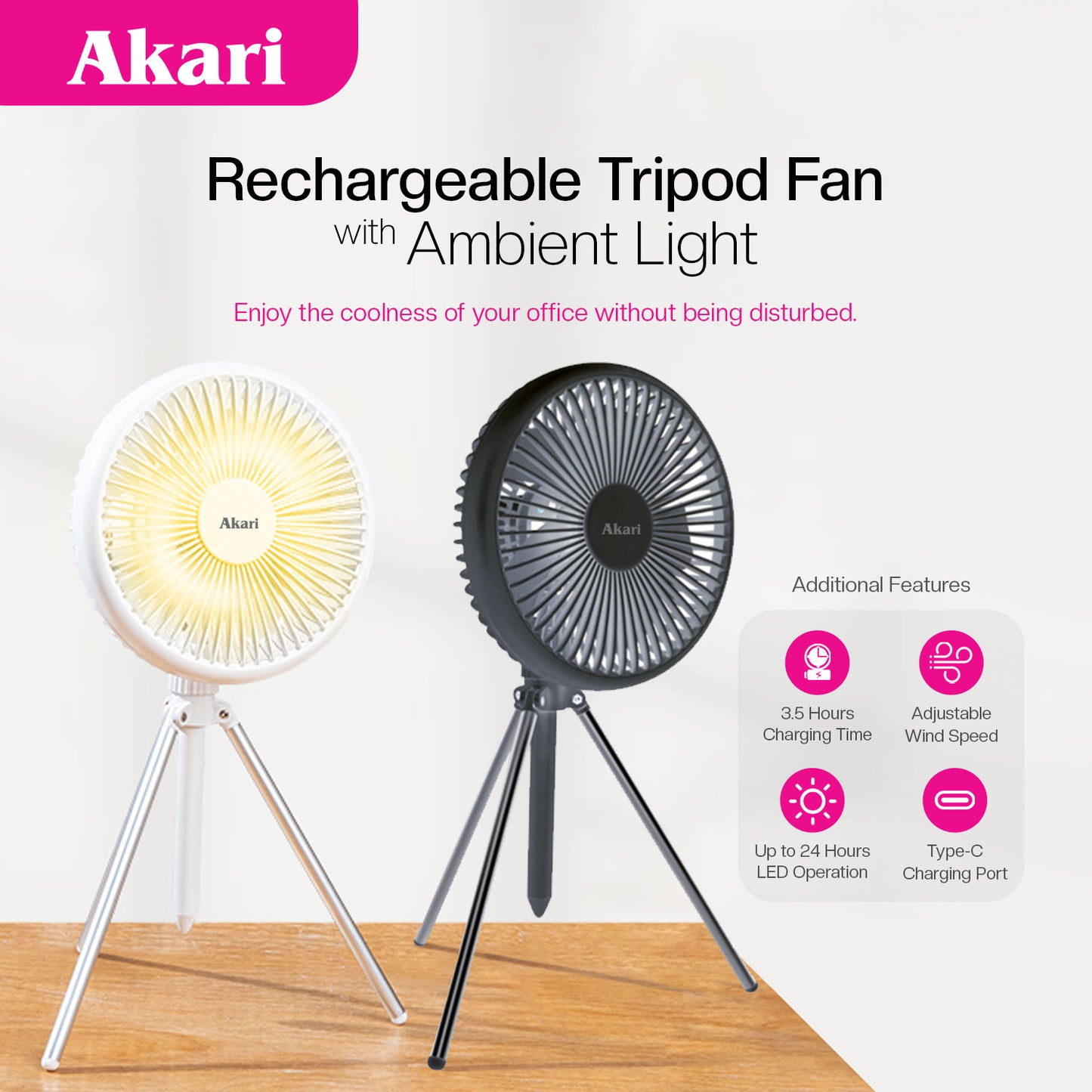 Akari Rechargeable Tripod Fan (ARF-139) + Free Flaslight