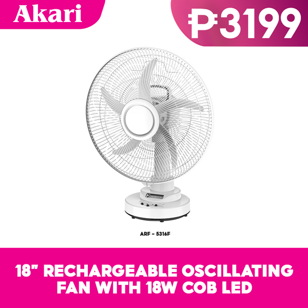 Akari 16" Rechargeable Oscillating Fan w/ 18W COB LED (ARF-5316F)