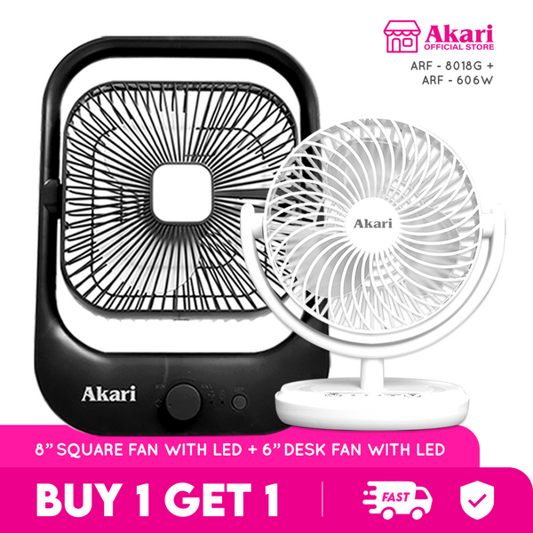Akari B1G1: 8" Rechargeable Square Fan  + Akari 6” Rechargeable LED Desk fan