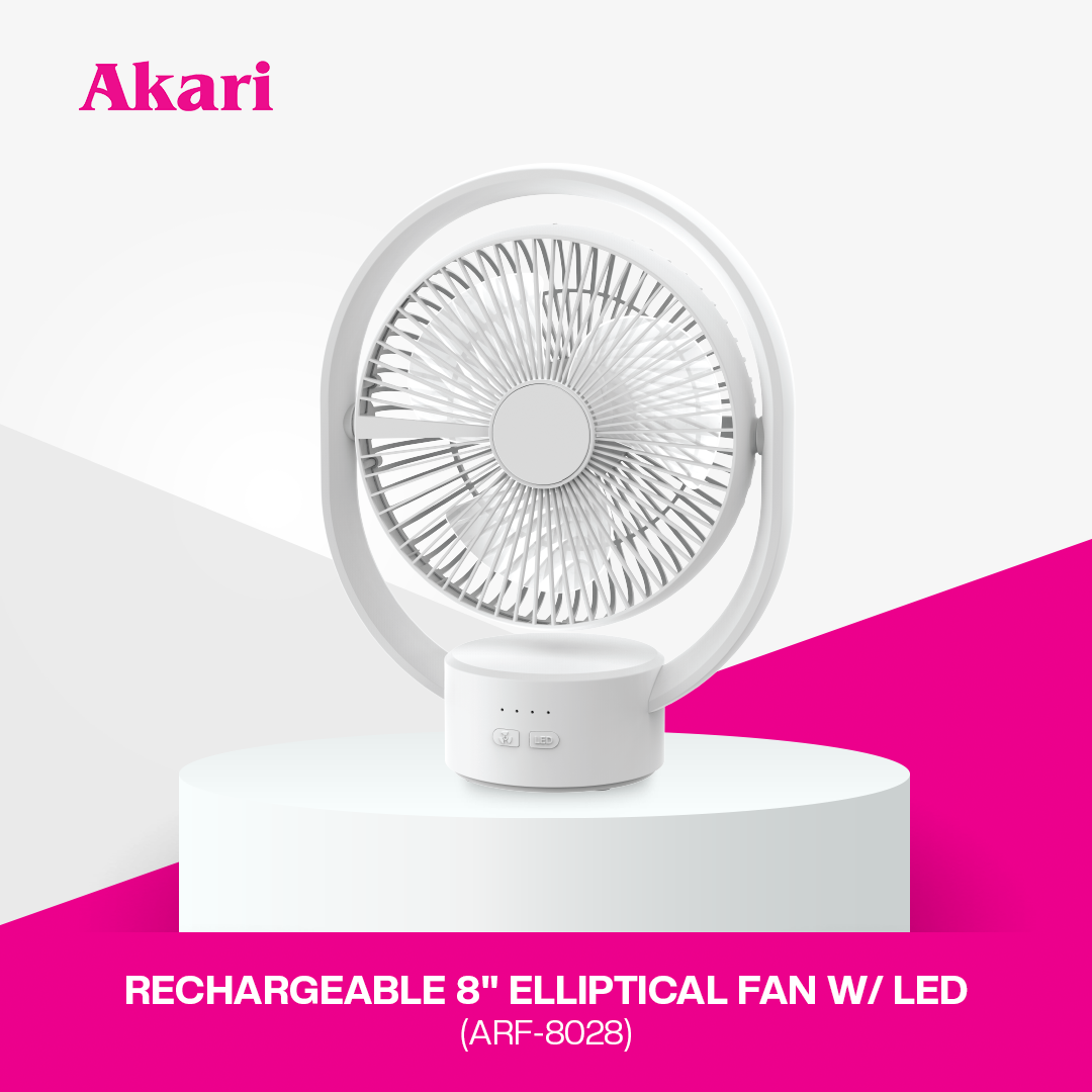 Akari 8" Rechargeable Elliptical Fan w/ LED (ARF-8028W)
