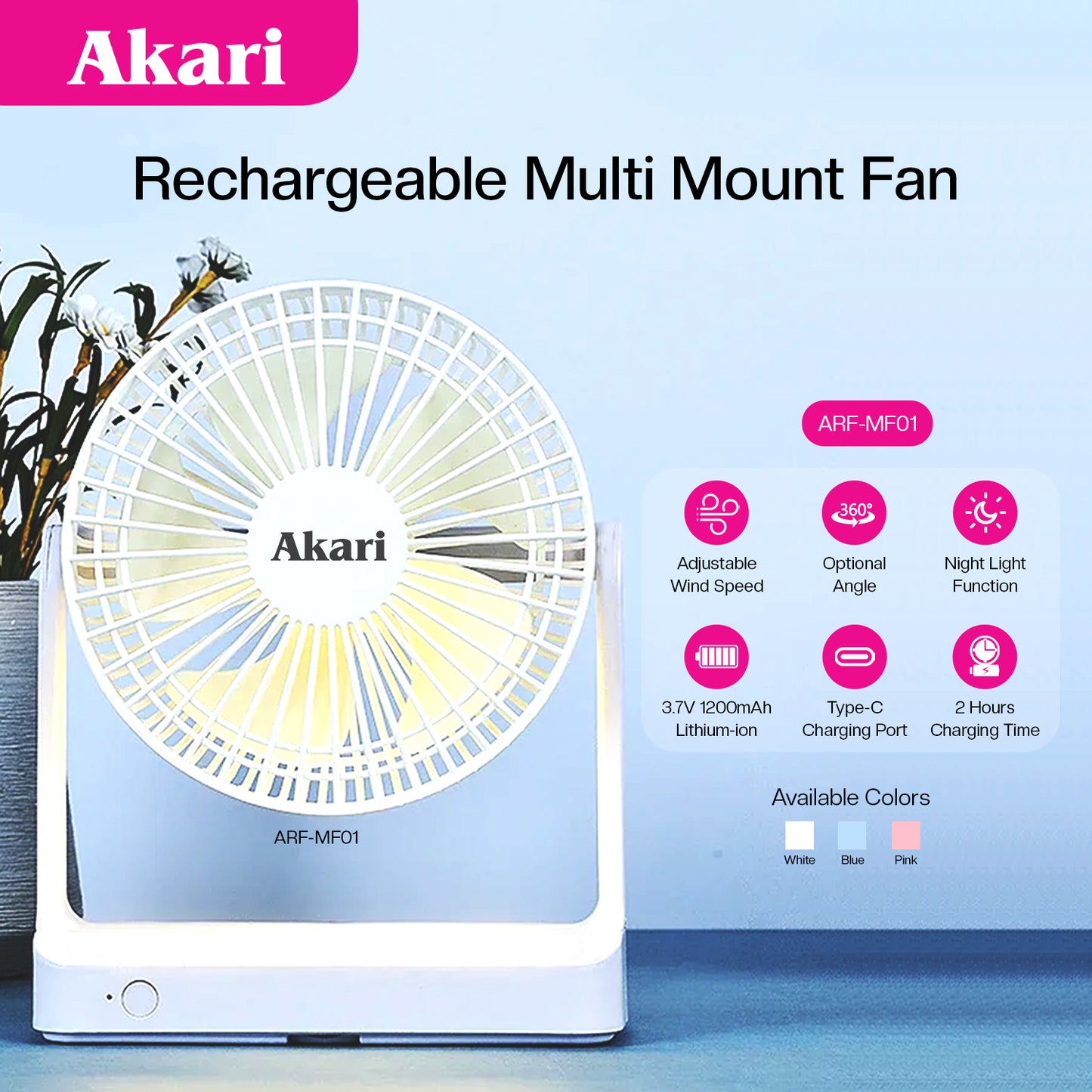 Akari Rechargeable Multi Mount Fan (ARF-MF01)