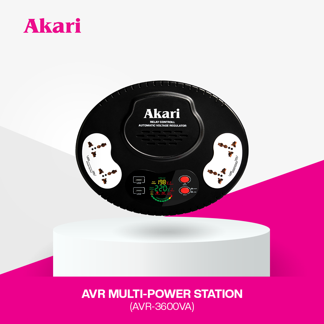 Akari AVR Multi-Power Station (AVR-3600VA) with FREE xtension Cord with Surge Protection and Overload protection with Main Switch (AEC-F806)