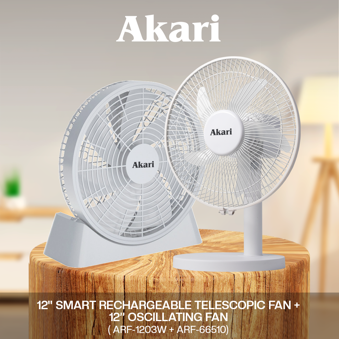Akari 12" Smart Rechargeable Telescopic Fan (ARF-1203) w/ free 10" OSCILLATING FAN ( ARF-66510 )