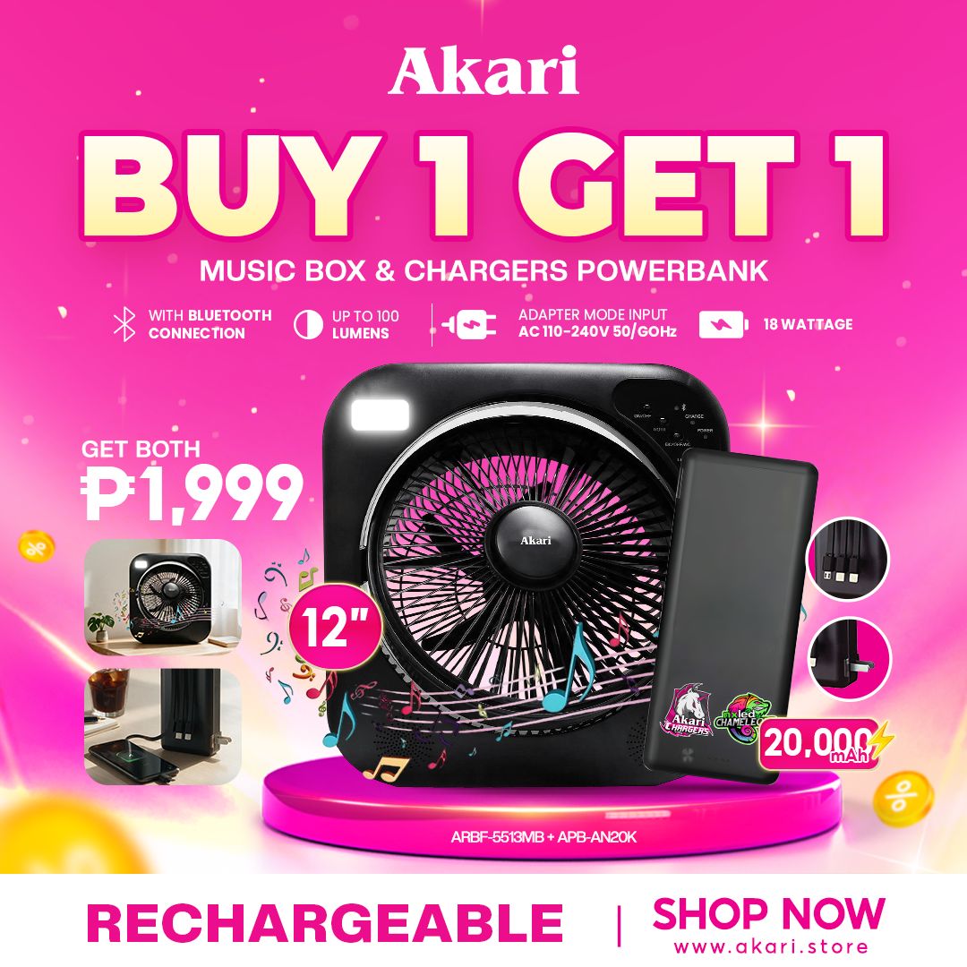 Akari  12" Rechargeable Music Box Fan with BT Speaker & LED Light (ARBF-5513MB) + Akari Charger Powerbank (APB-AN20K)