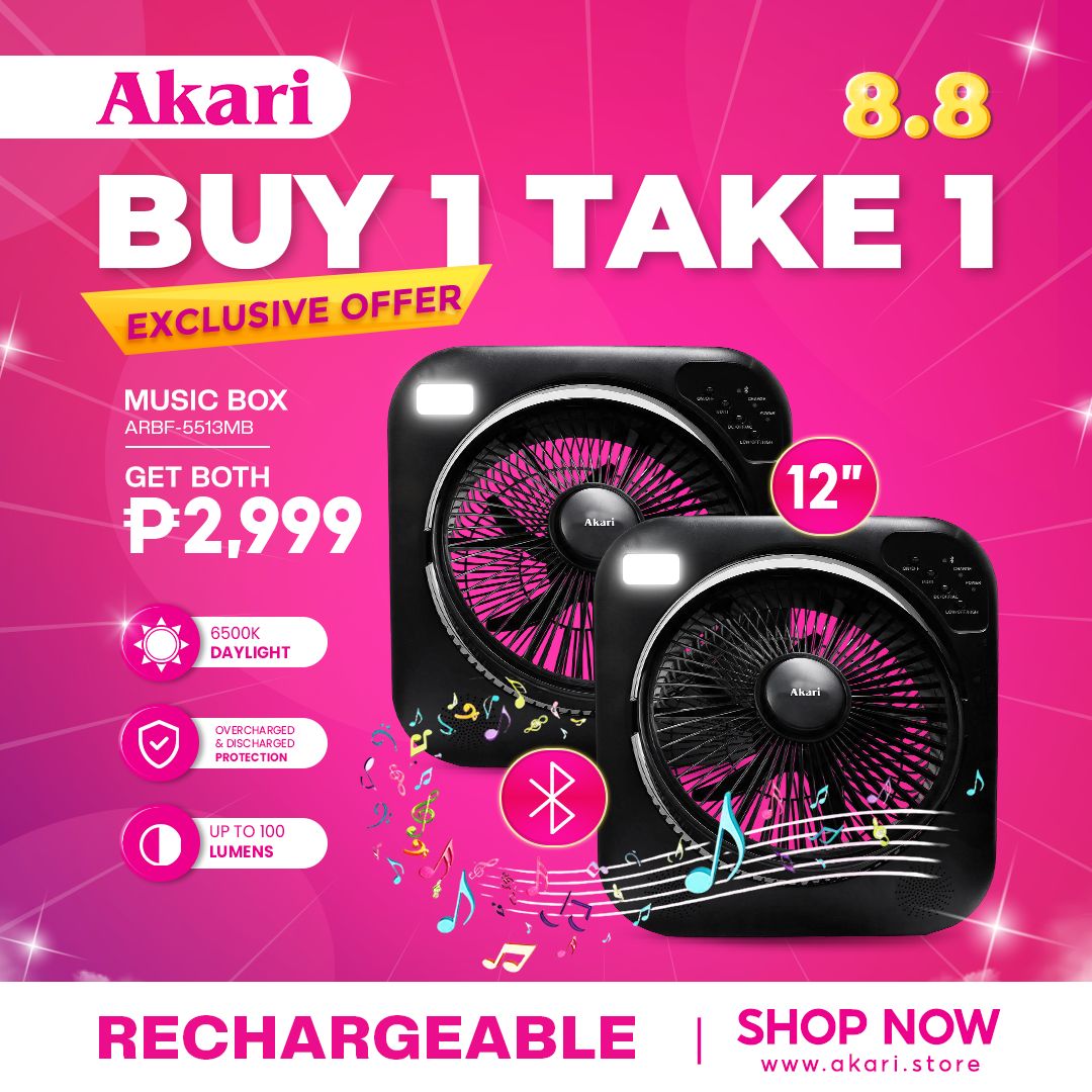 Akari B1T1 : 12" Rechargeable Music Box Fan with BT Speaker & LED Light (ARBF-5513MB)
