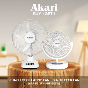 Akari 12" 20W Rechargeable Oscillating Fan (ARF-5313F) + Akari 6” Rechargeable LED Deskfan with Night Light Function (ARF-606W)