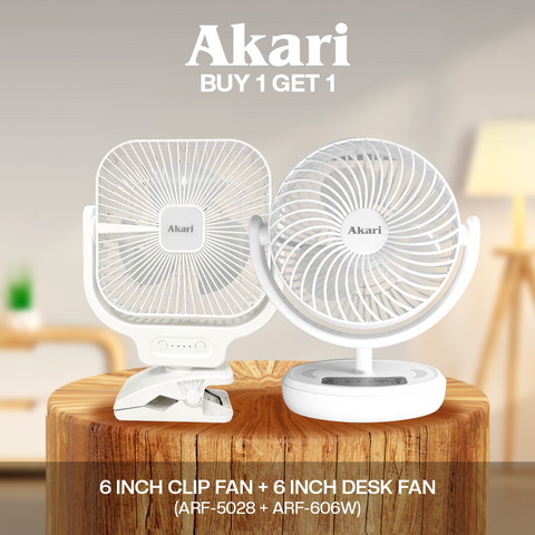 Akari 6" Rechargeable Fan with Led Night Light (ARF-606) + 6" Rechargeable Clip Fan (ARF-5026)