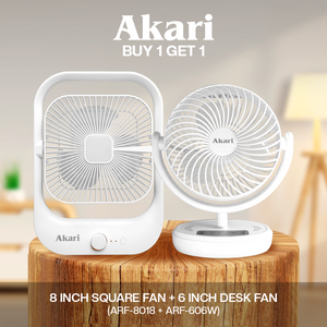 Akari B1G1: 8" Rechargeable Square Fan  + Akari 6” Rechargeable LED Desk fan