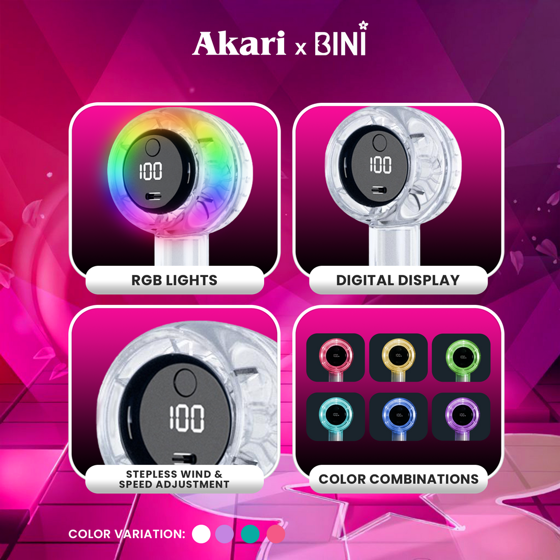 Akari x BINI Lightstick Fan ABF-F26P Pink | RGB Rechargeable Handheld ...